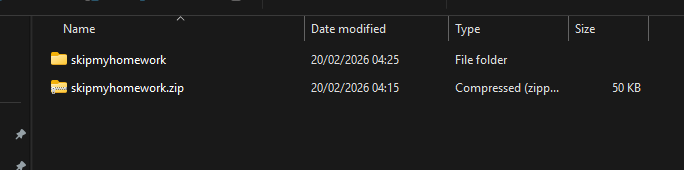 Unzipped skipmyhomework folder in file explorer