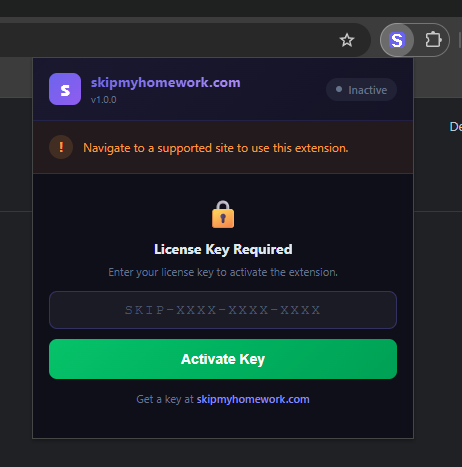 SkipMyHomework extension popup with license key input